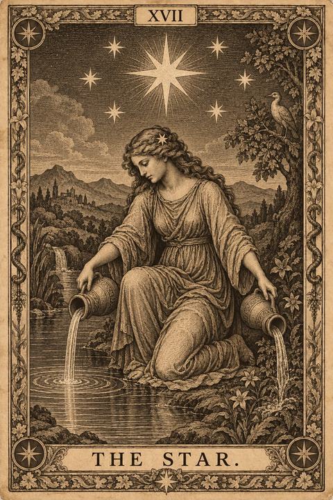 Nyota kwa mtindo wa uchongaji. Mtu amepiga magoti kando ya kidimbwi akimimina kutoka mitungi miwili, mmoja majini na mwingine nchi kavu. Nyota kubwa na nyota saba ndogo juu, ndege mtini, na milima mifupi kwenye upeo wa macho.
