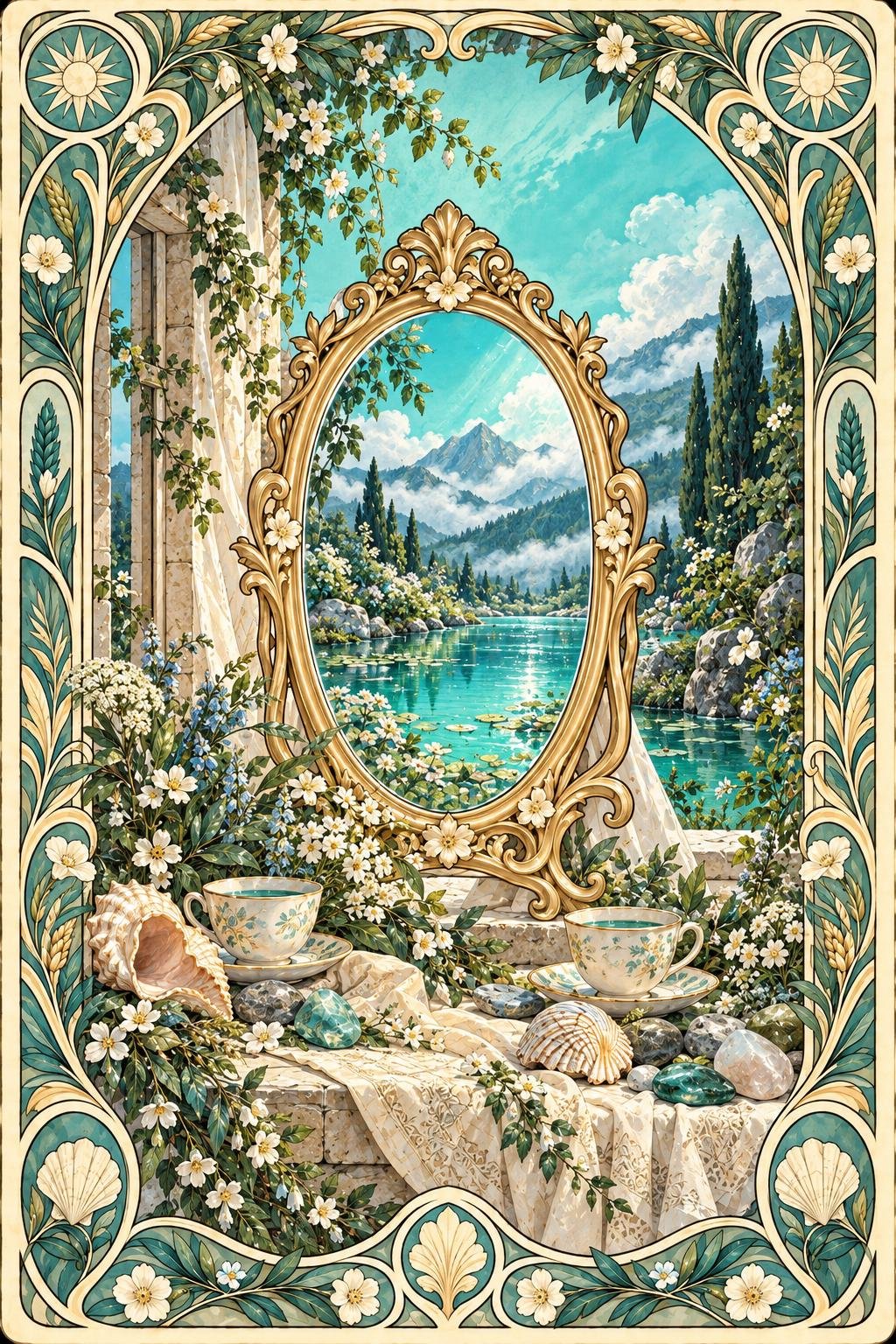 節制のターコイズ。中央の鏡に色が映る絵