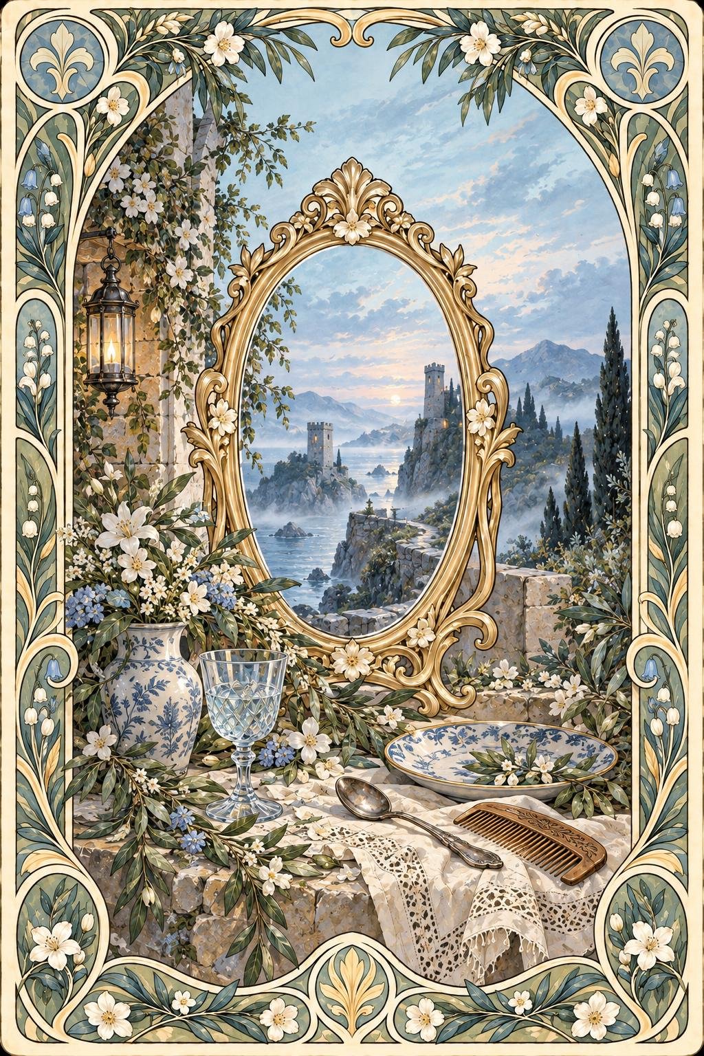 月のパウダーブルー。中央の鏡に色が映る絵