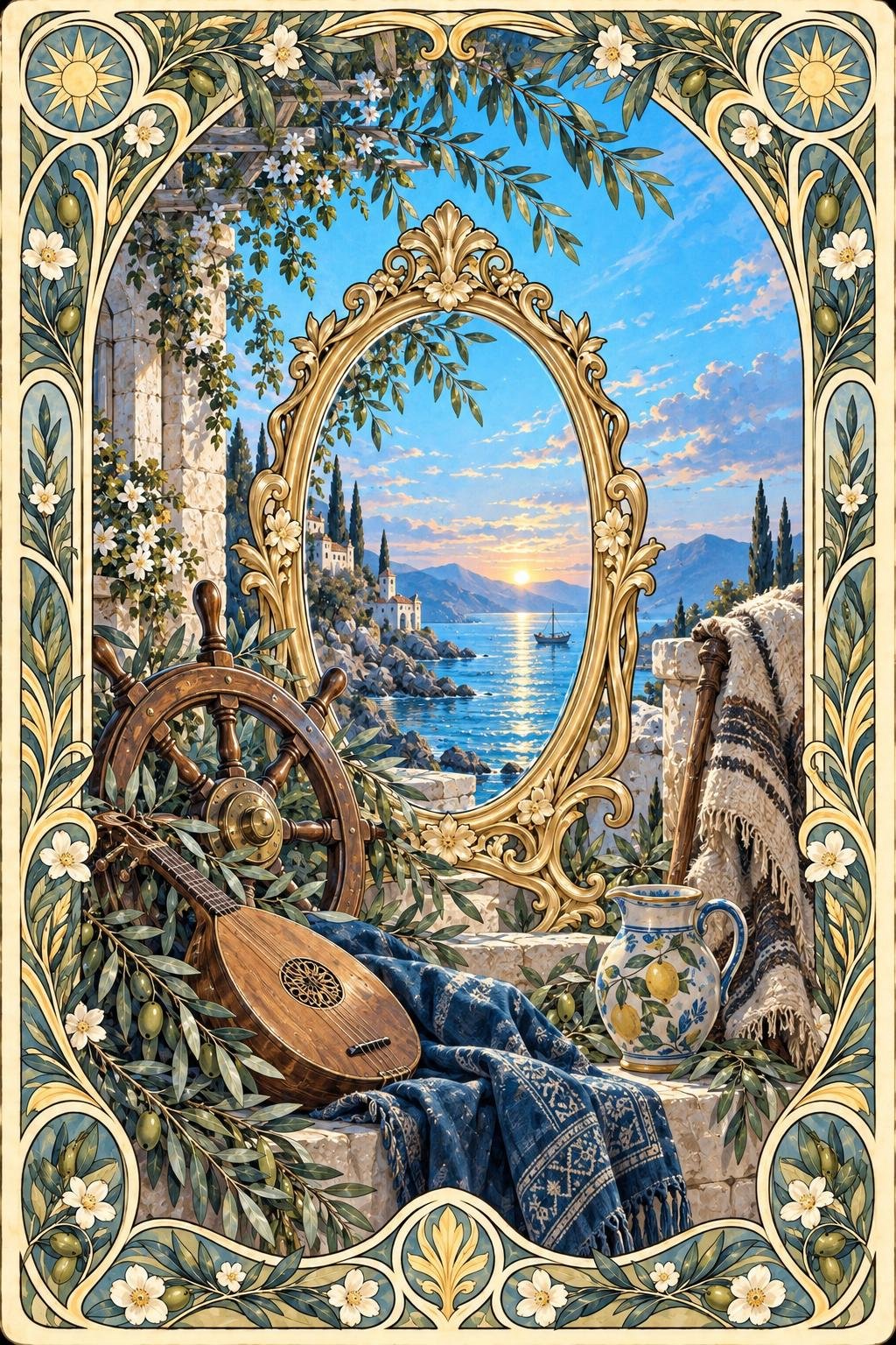 運命の輪のディープスカイブルー。中央の鏡に色が映る絵