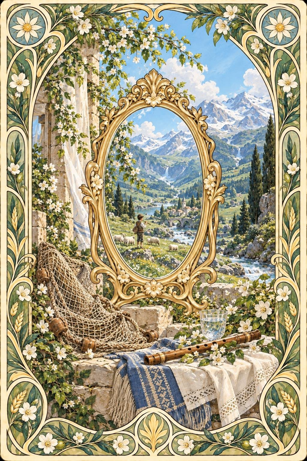 運命の輪のスカイブルー。中央の鏡に色が映る絵