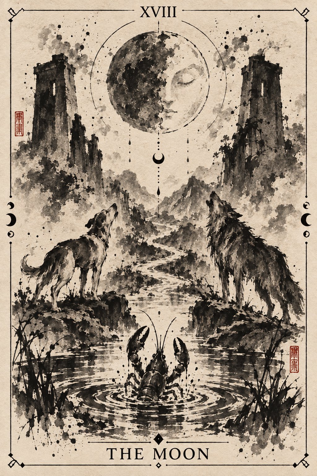水墨画の月